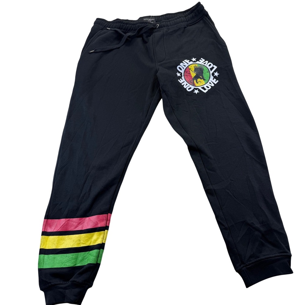 Defend Brooklyn Sweatpants Mens XL Black One Love Rasta Stripe Fleece Joggers